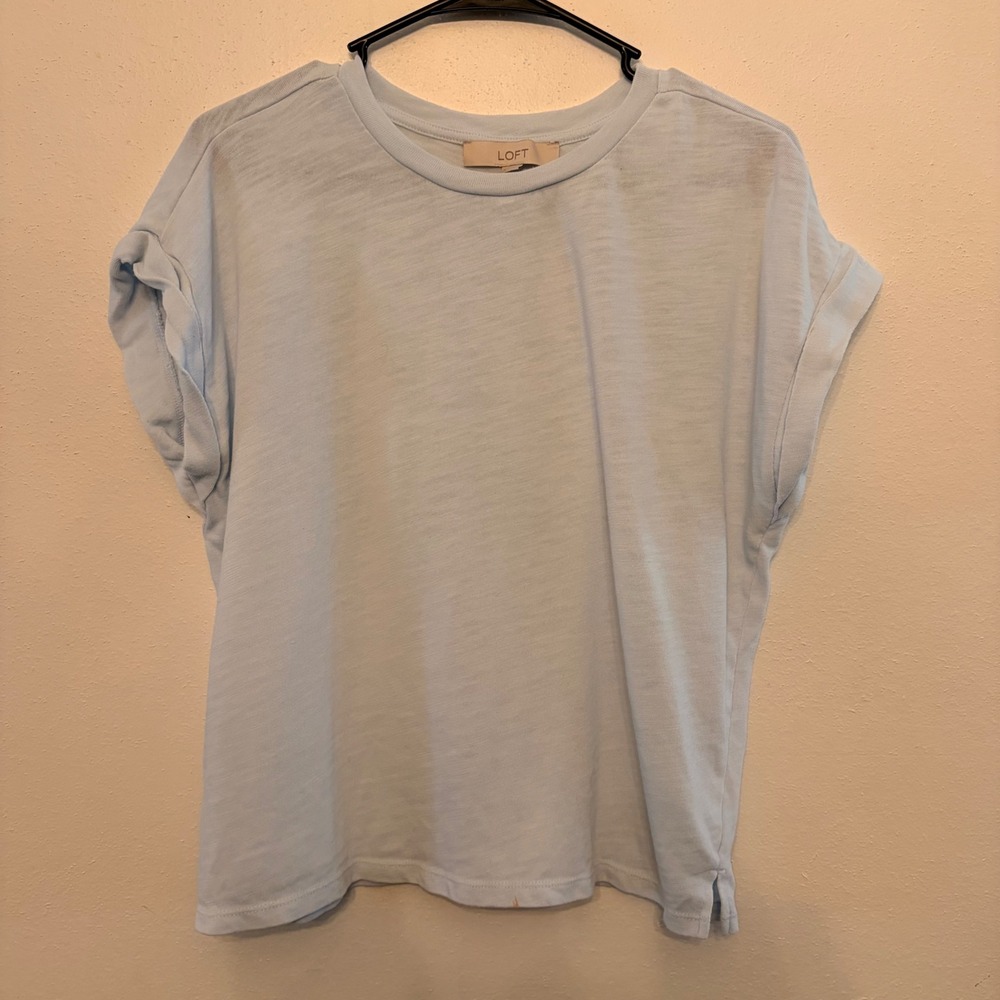 LOFT T-Shirt Womens Small Light Blue Rolled Cap Sleeve Slub Knit Casual Tee